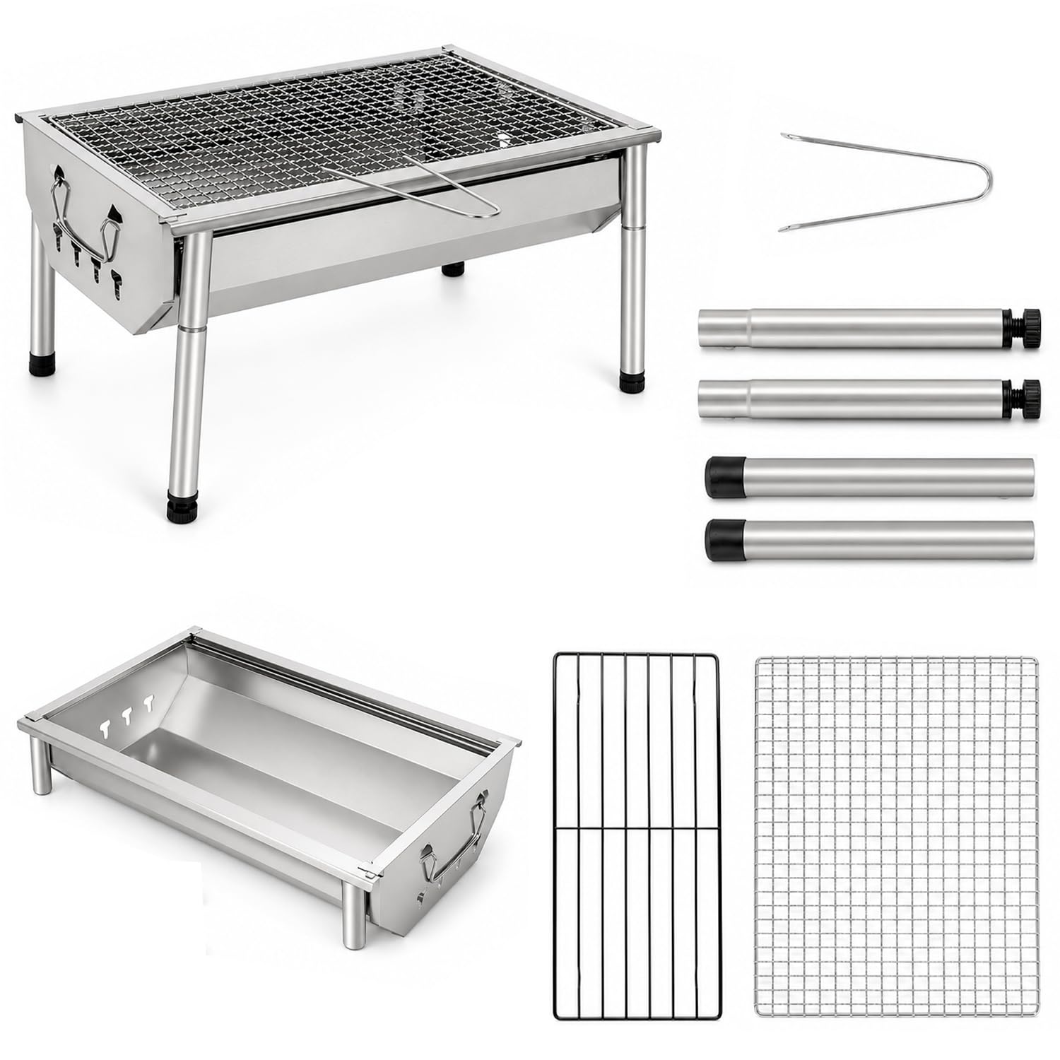 Barbecue A Carbone Portatile In Acciaio Inox Con Griglia Smontabile Gambe Regolabili Design Salvaspazio Per Campeggio Picnic Giardino Outdoor 40 X 28 X 21.5 Cm Acciaio