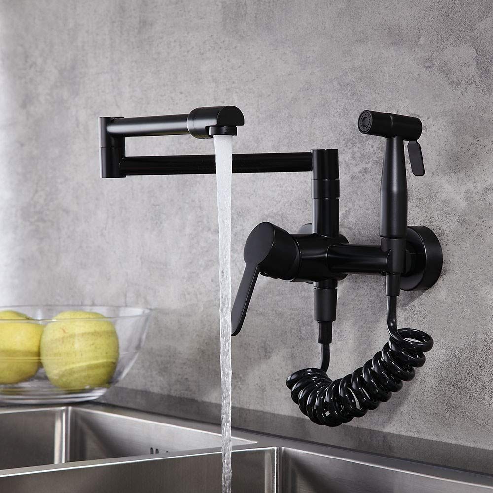 Grifo de fregadero de cocina negro con rociador, moderno grifo retráctil de montaje en pared con brazo oscilante en latón macizo negro mate