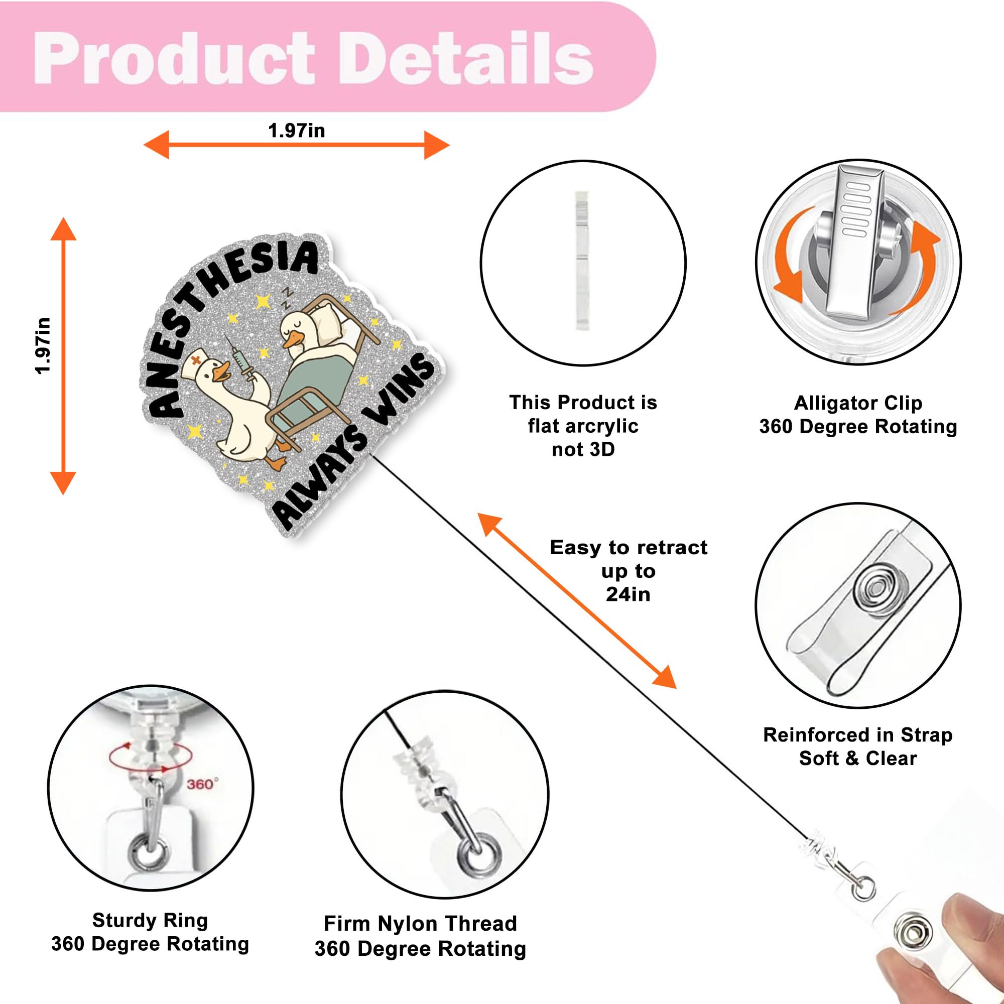 Anesthesia Badge Reel Retractable - 2Pcs Glitter Badge Holder with Alligator Clip for CRNA Pacu Nurse Anesthetist Anesthesiologist OR Team, Surgical Tech Week Gifts for Work