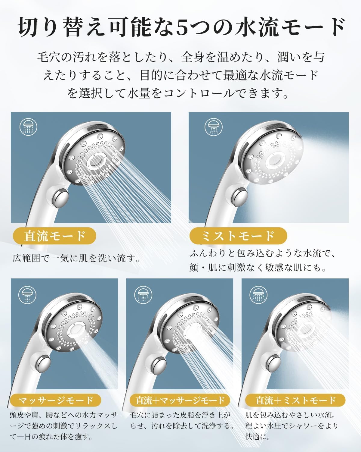 Amazon.co.jp: シャワーヘッド マイクロナノバブル 5段階モード 手元止