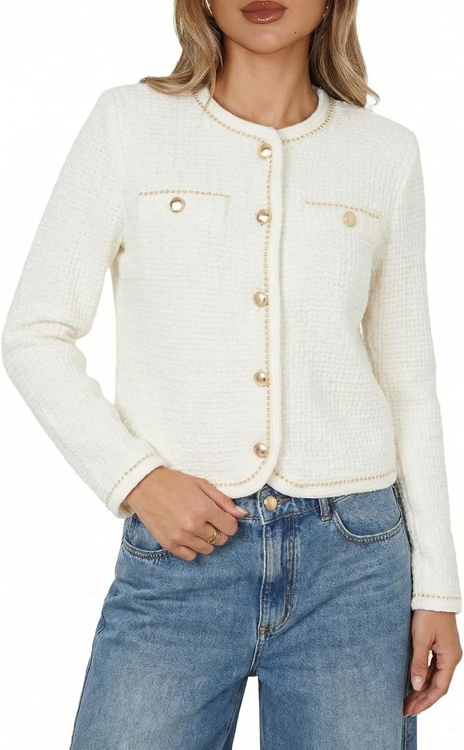GOELIA 2026 Wool Blend Tweed Blazers for Women Spring Business Casual Knit Blazer Cropped Jacket for Work Daily Outwear