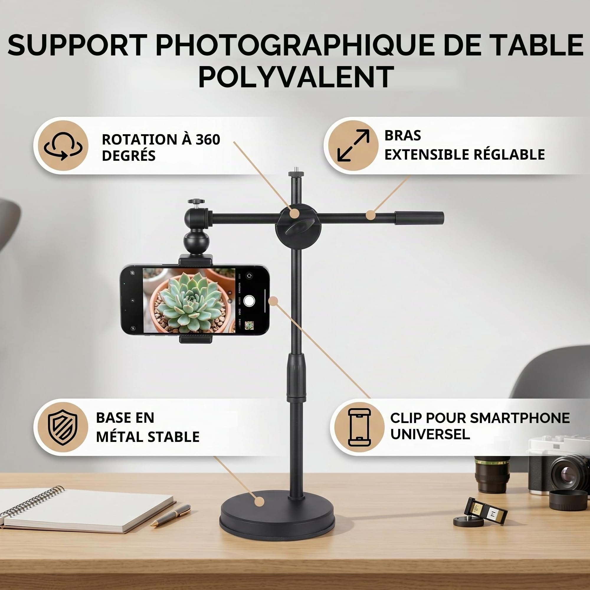 Pissente Support de Bureau pour Téléphone en Streaming en Direct, Support de Téléphone Réglable à 360 °, Support de Téléphone pour Photographie de Bureau, Support de Bras pour Prise de