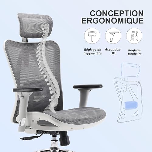SIHOO Chaise de Bureau, Siege de Bureau Ergonomique, Fauteuil à Dossier Haut Respirant avec accoudoir de Chaise réglable 3D en Maille respectueuse de la Peau et Support Lombaire - 2