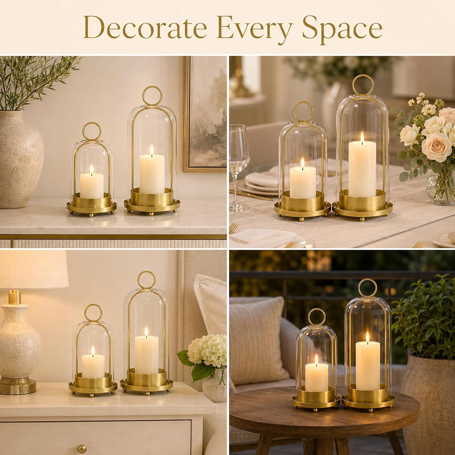 Set of 2 Metal Candle Holder with Hooks, 5.1 x 11.8 in & 4.3 x 7.7 in Hurricane Candle Holder with Thick Glass Dome, Hanging and Tabletop Decor for Pillar Candles Plants Wedding Home