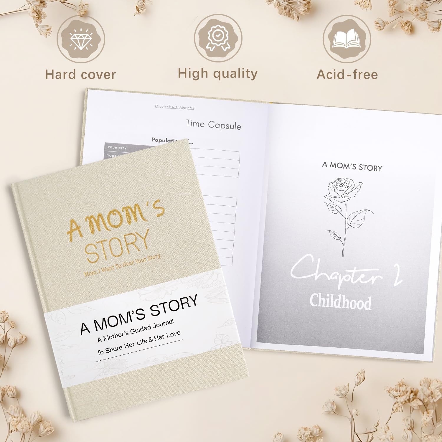 Artmag Mom's Life Story Journal Family Keepsake Book Linen Hardcover for Mom to Share Her Memories, with 250+ Prompt Questions Book Gift for Birthday Mother's Day Christmas (Beige) - Image 3