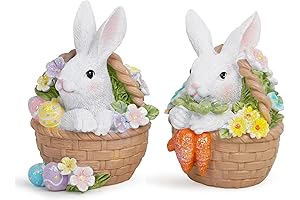 Hodao 2PCS Brown Easter Bunny Decorations Spring Flower Basket Bunny Figurines Decor