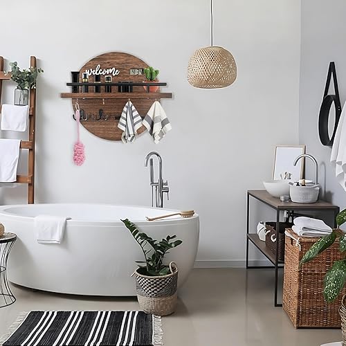 Miniatura 8 de Llavero decorativo para pared, soporte redondo de madera para llaves con estante y ganchos, organizador de llaves para entrada, vestíbulo, pasillo,