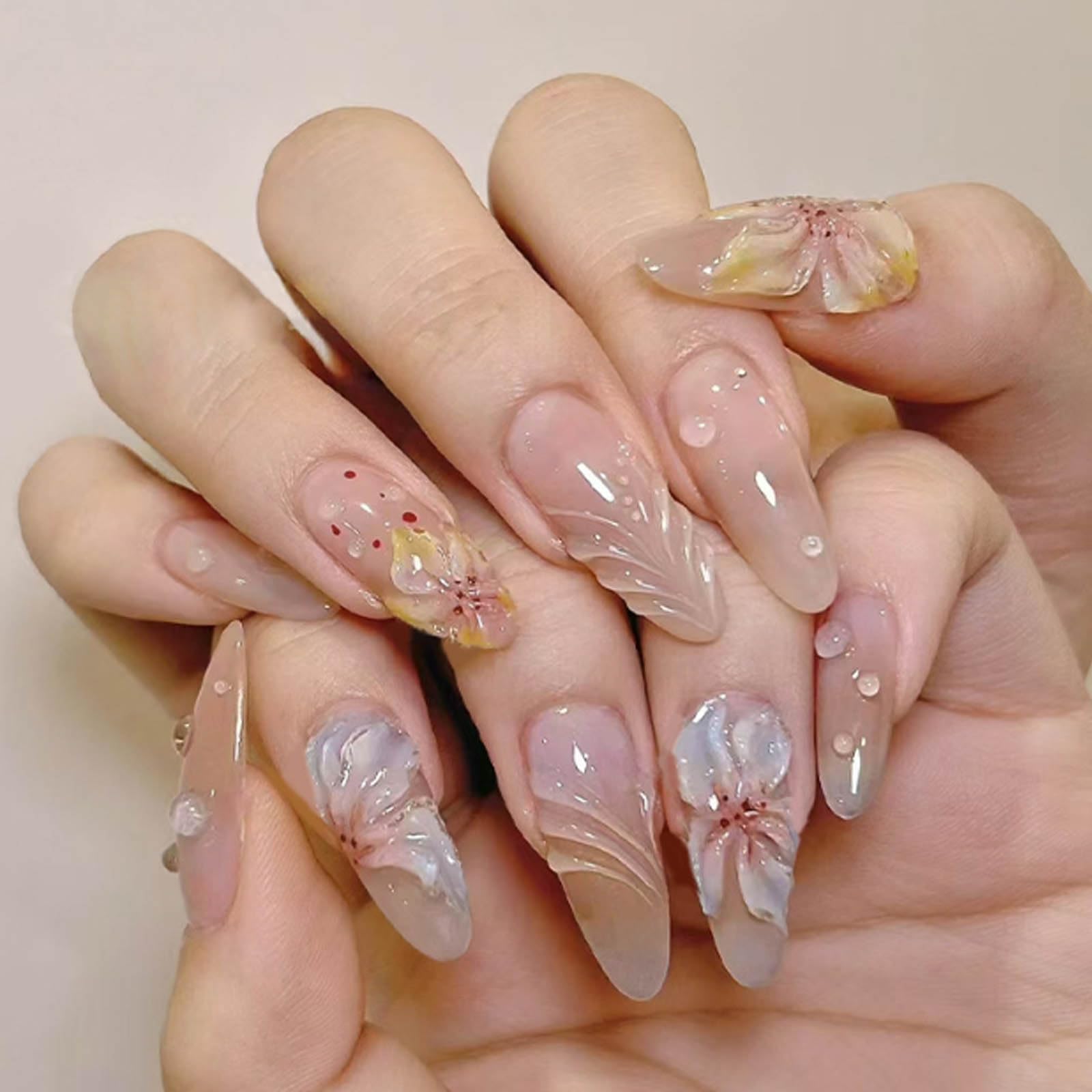 Hkanlre Nude Flower Fake Nails Tips 3D Press on Nails Full Cover Almond False Medium Nails for Women 24PCS