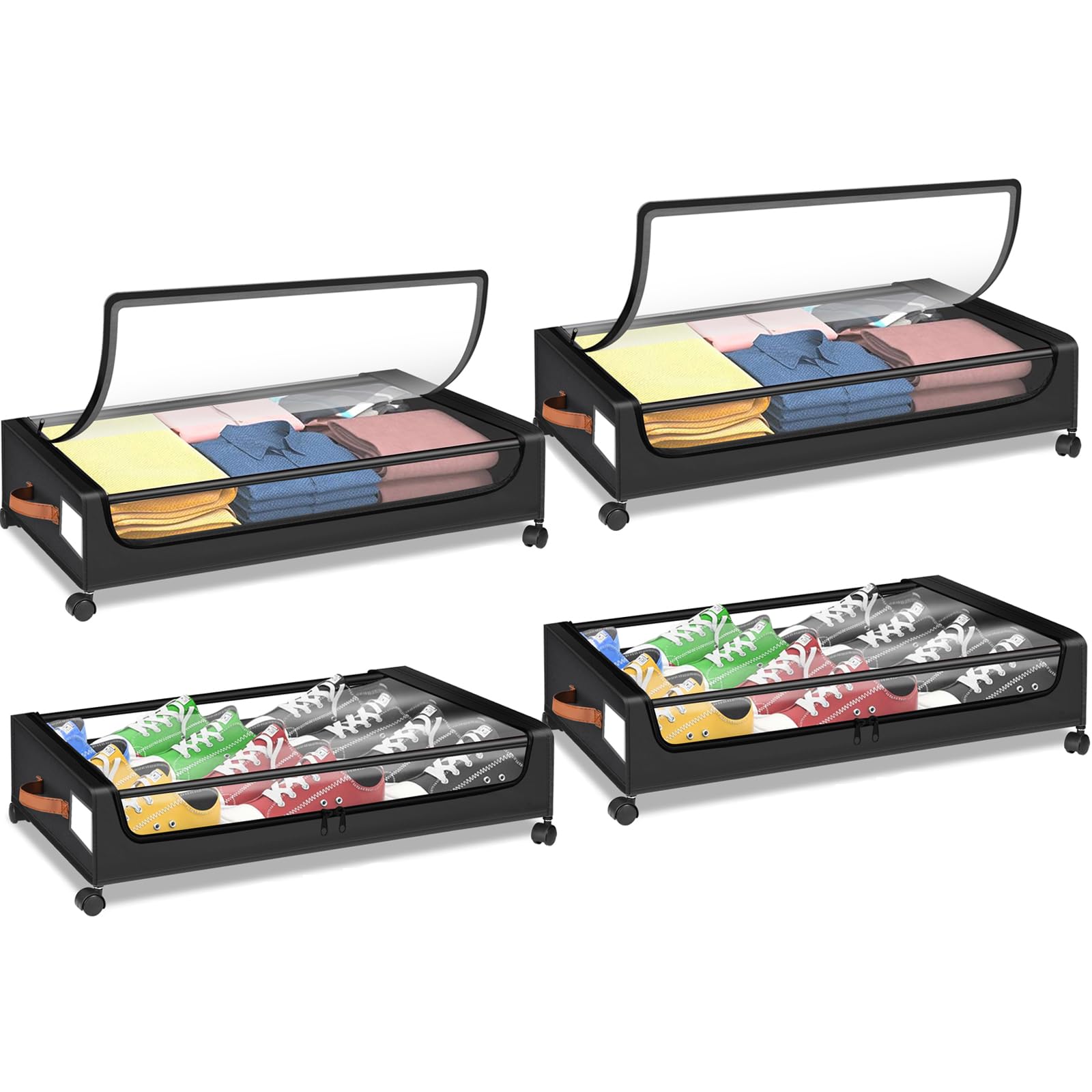 4Pcs Under Bed Storage with Wheels, Under Bed Storage Containers Box Bins, Rolling Drawers for Clothes Blankets Shoes Toys, Clothes Organizers and Storage, Easy to Pull out with PU Handles, Black-image-20
