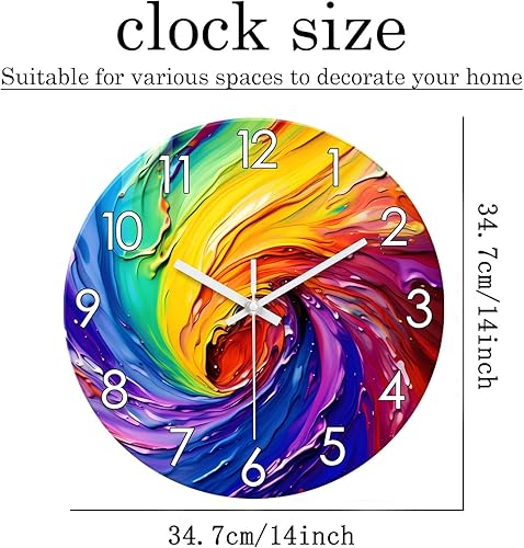 Miniatura 7 de Reloj de pared silencioso que no hace tictac, analógico, de cristal, funciona con pilas, 14 pulgadas, reloj de pared colorido abstracto para