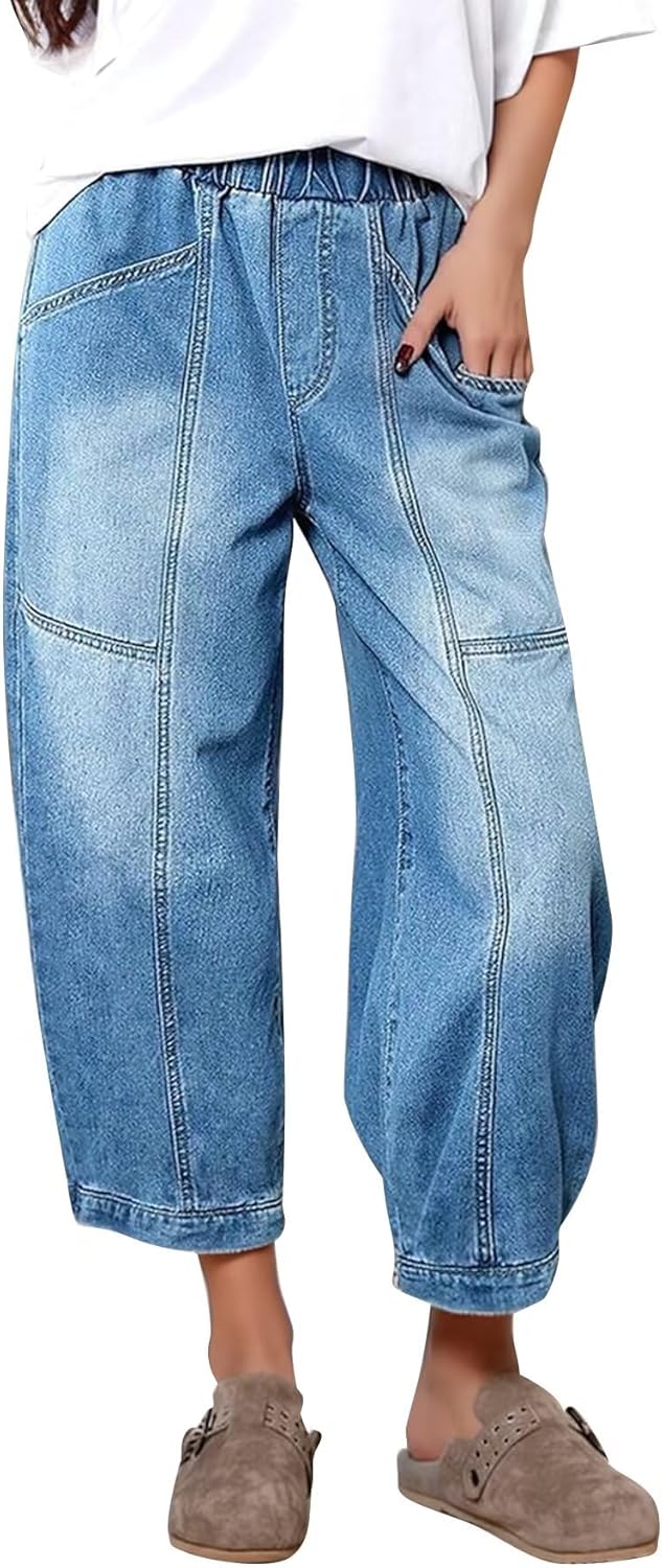 Flamingals Barrel Leg Cropped Jeans for Women Mid Rise Elastic Waisted Washed Seam Front Stretchy Denim Pants