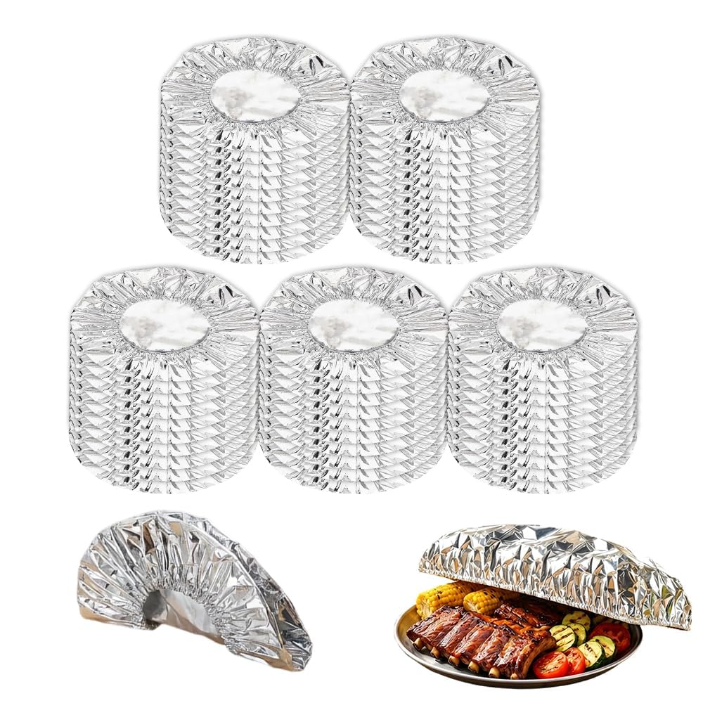 Reusable Aluminum Foil Food Covers, Portable Elastic Food Cover for Kitchen, Durable Foil Bowl Cover for Picnic, Food Storage Cover for Restaurant Use (50)