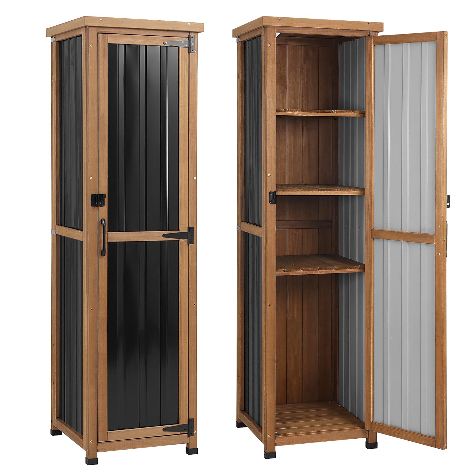 62" H Tall Narrow Outdoor Storage Cabinet with Metal Top, Outdoor Shed Storage Unit Waterproof with Adjustable Shelves for Garden, Patio, Living Room, or Entryway Storage, Black