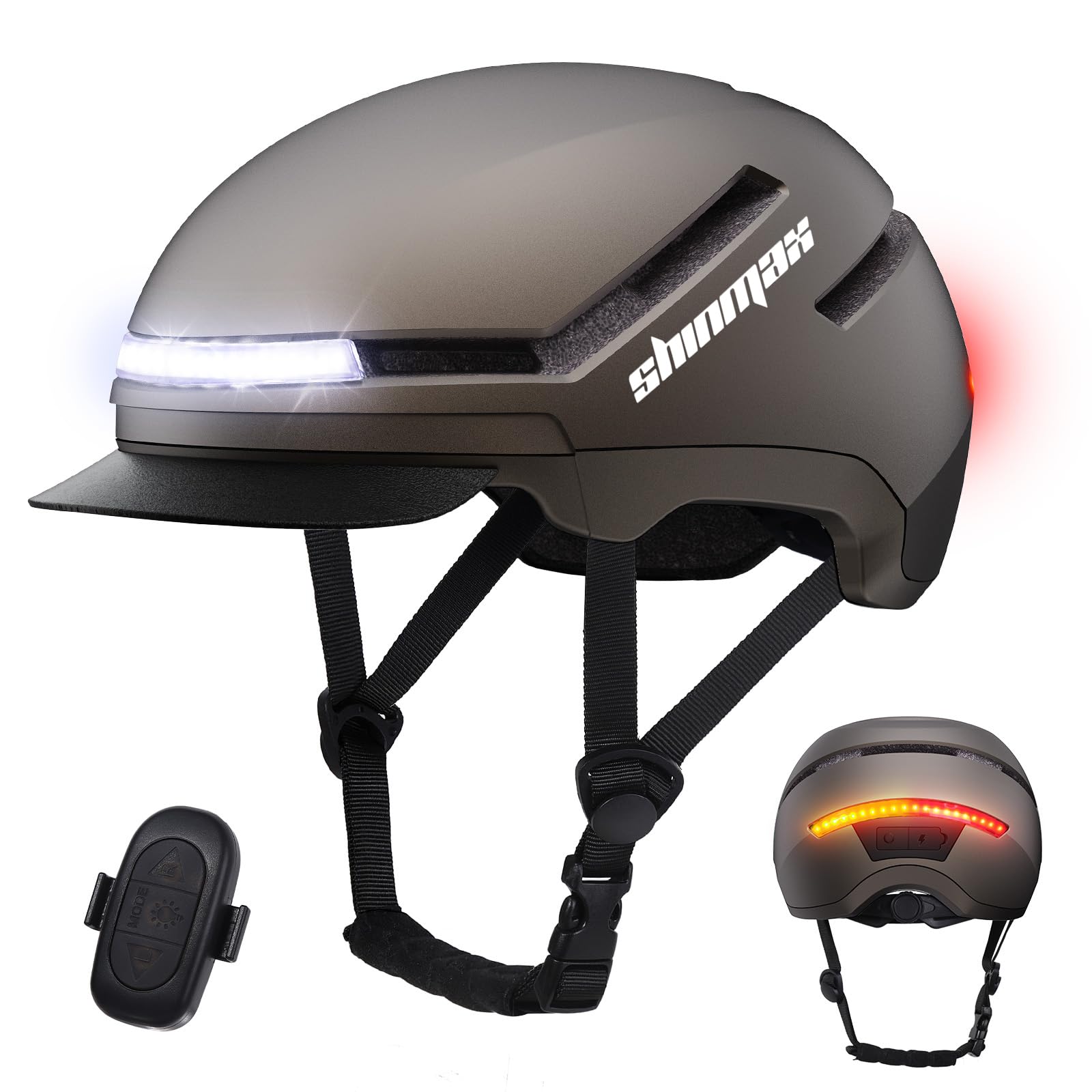Shinmax Casco de Bicicleta Adulto con Luz y Intermitentes, Casco Ciclismo Hombre Mujer con Luz Trasera LED USB Recargable, Casco Bici para E-Bike, Scooter y Pedelec