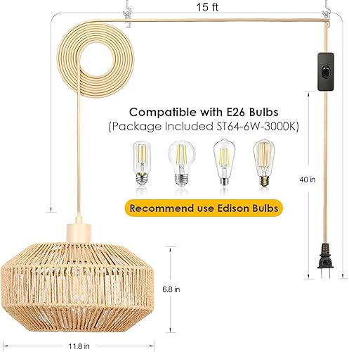 Miniatura 6 de Lámpara colgante de ratán enchufable, lámpara colgante bohemia con bombilla regulable de 3 niveles de cable de 15 pies e interruptor, pantalla de