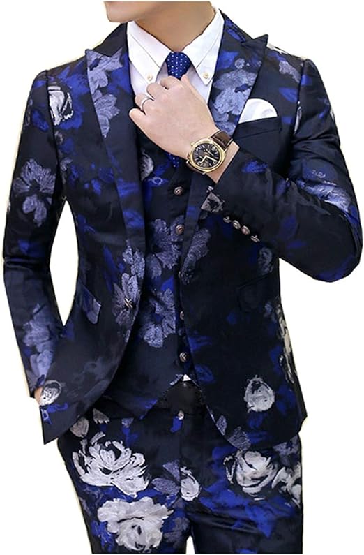 Amazon Co Jp ジャケット ベスト パンツ ファッションブティック印刷メンズカジュアルスーツハイエンドブランド 新郎のウェディングドレス宴会ステージ男性スーツ Color Blue Size L 服 ファッション小物
