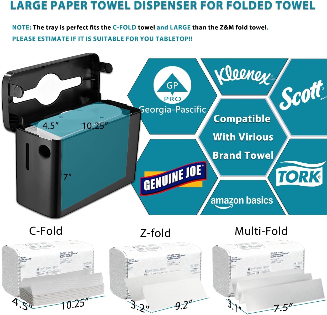 Multifold Paper Towel Dispenser Countertop, Heavy Duty Wide-Design, 300-Sheet Large Capacity Black Paper Towel Holder, Compatible with Tork, AmazonCommercial, Kleenex, Scott, Pacific Multifold Towels - Image 9