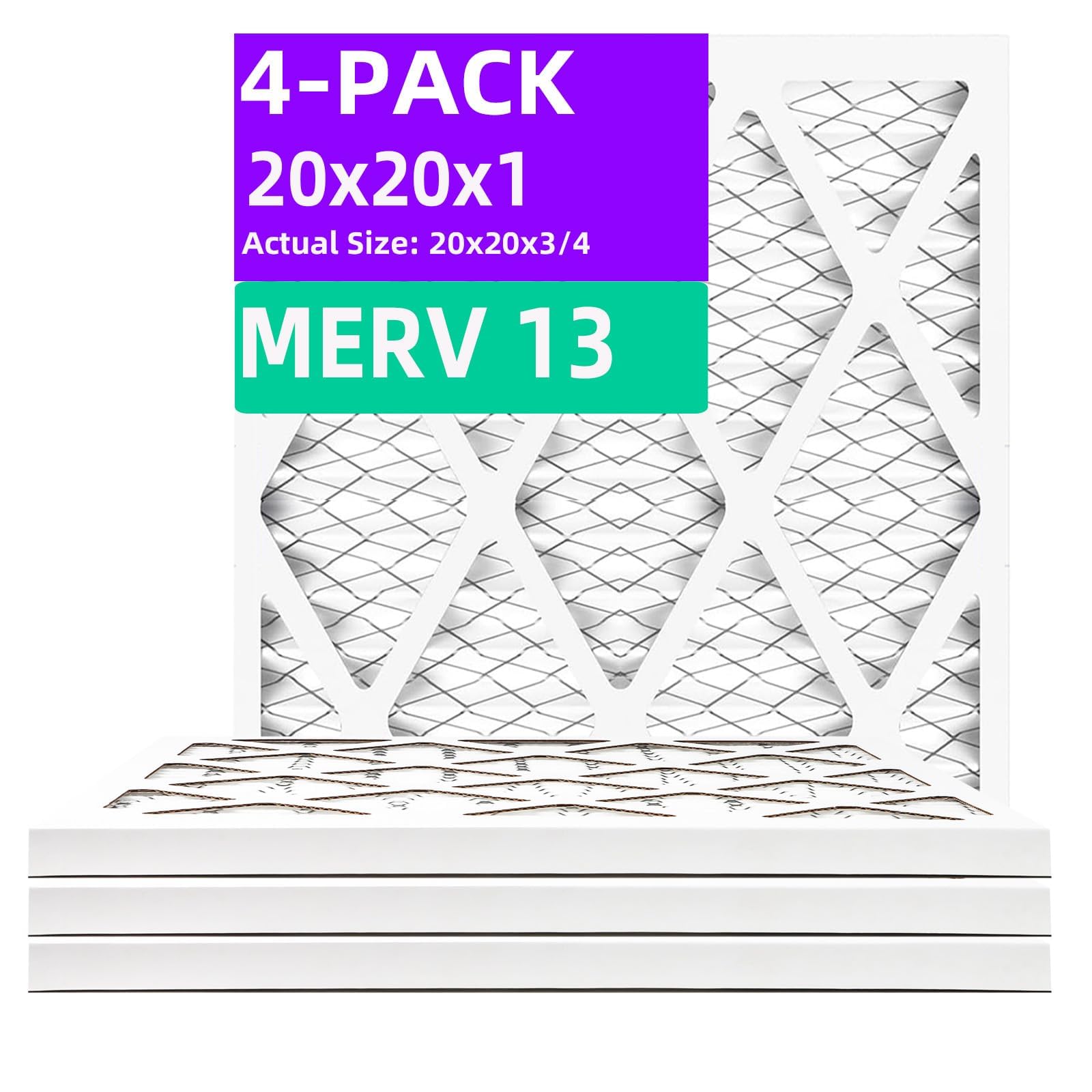 Qingzhug 20x20x1 MERV 13 (4-Pack) Pleated Air Filter (Actual Size: 19.75"x19.75"x0.75") MPR 1900 & FPR 10, Furnace Air Filters, 20x20x1 air filter