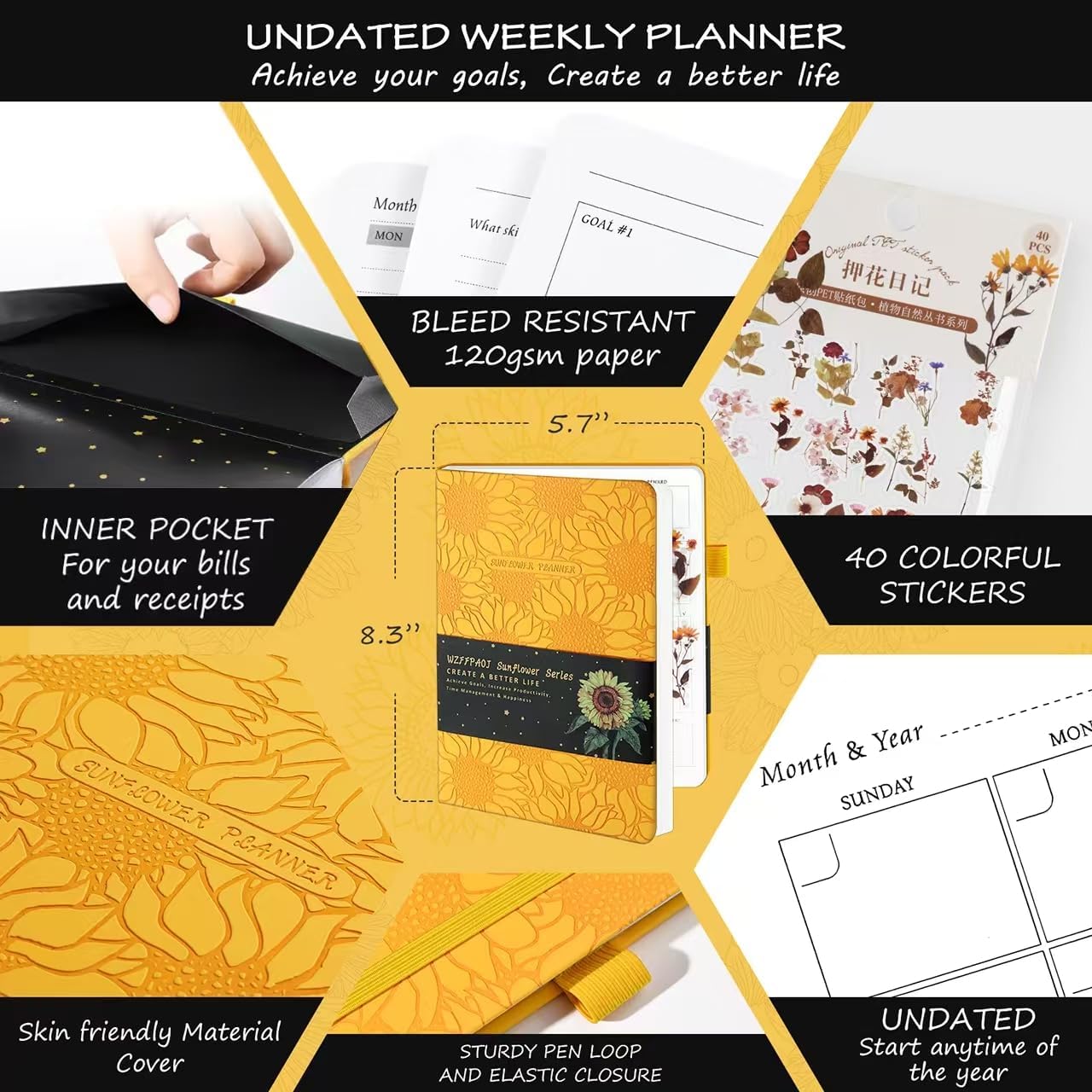 Undated Luxurious Weekly & Monthly Planner to Increase Productivity Hit Your Goals, Organizer Notebook Gratitude Journal Time Management Start Anytime, A5, Lasts 1 Year Yellow