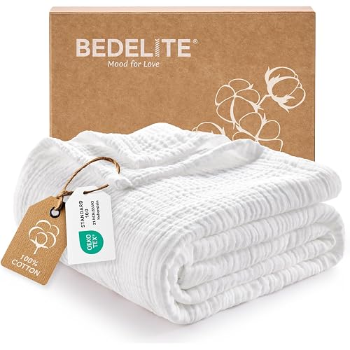 BEDELITE 100% Cotton Muslin Blanket for Adults, Breathable, White, 50"x70" | 4-Layer Large Throw Breathable Lightweight Gauze Blanket for Couch, Bed, Summer Cooling Gift for Women, Men & Hot Sleeper