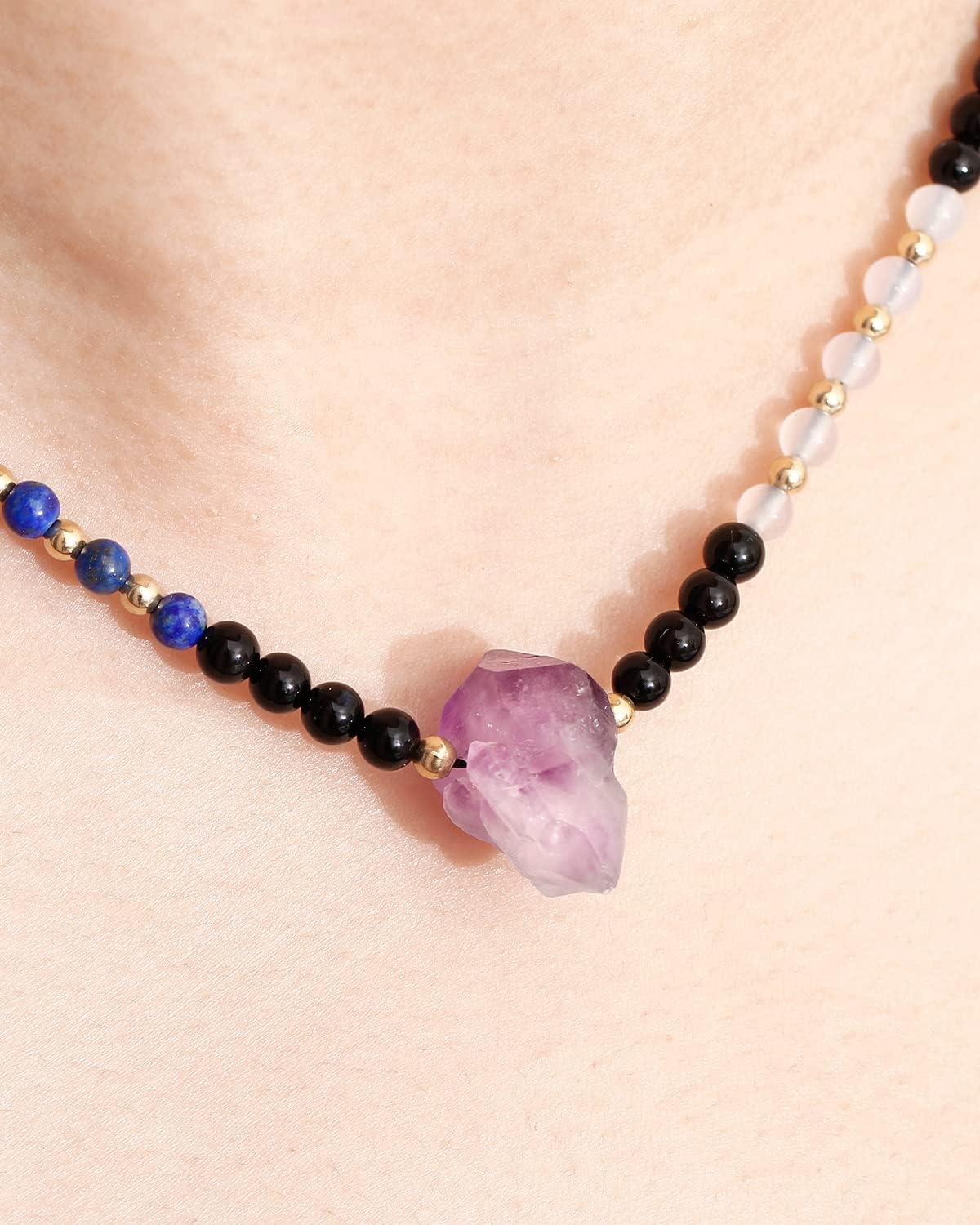 Drusy Quartz Amethyst / 7 Chakra Black Agate Beaded Choker Necklace for Women Crystals and Gemstone Yoga Meditation Reiki Spiritual Jewelry Gifts - Image 4