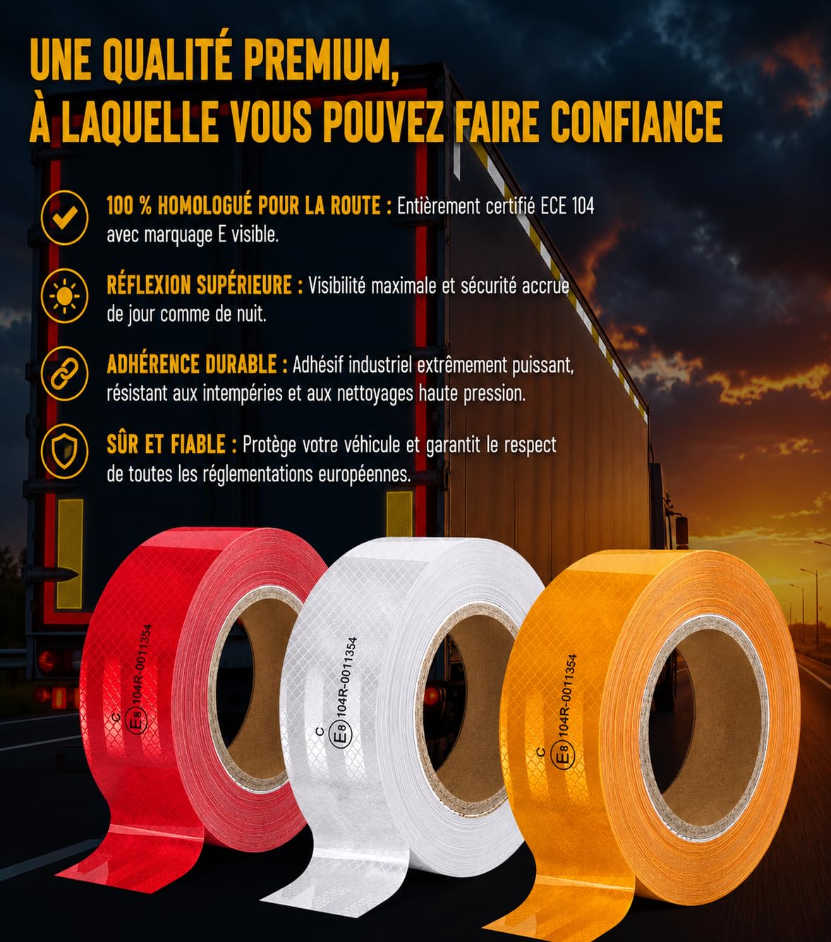 Ruban Réfléchissant Adhésif Blanc 50 m x 5 cm – Bande de Marquage de Contour E-Mark ECE R104 Classe C pour Camion, Remorque et Véhicule Utilitaire