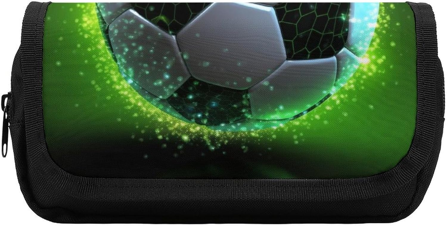 Pencil Case Cool Soccer Ball Large Capacity Pencil Case Double Zipper Storage Bag 2 Compartments Portable Multifunctional Bag Desk Organizer Marker Pen Case