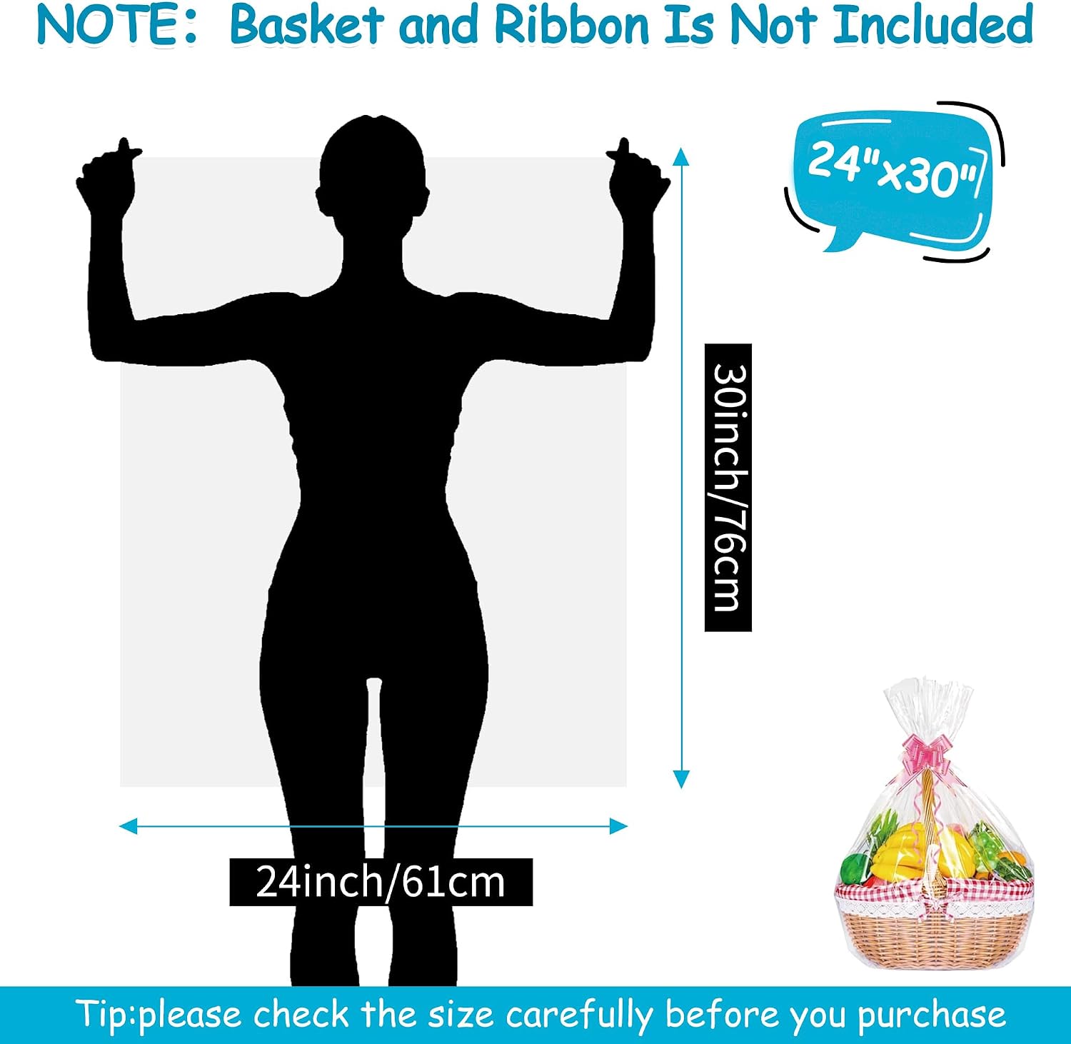 Large Cellophane Bags 24x30 Inches - 20PCS Clear Cellophane Wrap for Easter Gift Baskets, Clear Plastic Basket Gift Bags for Easter, Weddings, Bridal/Baby Showers Presents Packaging 2.8 Mil Thick image 2