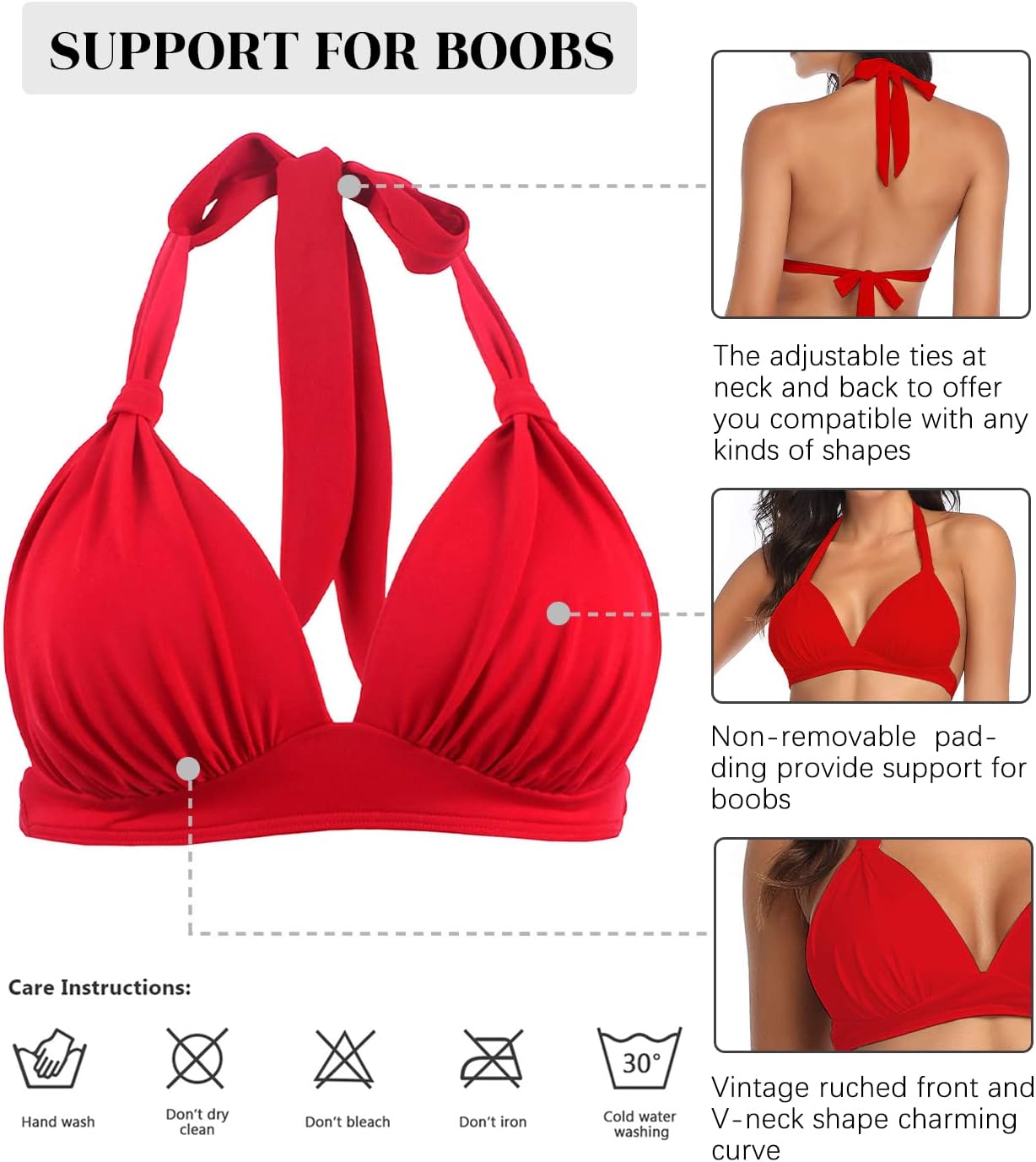 Women's Retro 50s Plaid Pattern Polka Dot Halter Molded Soft Pads Vintage Bikini Swimsuits Tops - Image 3