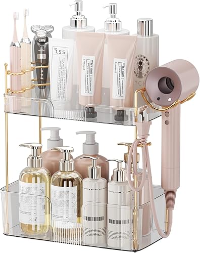 Vista 14 de Estantería de 2 niveles transparente para encimera - Organizador para baño y cocina, estante para cosméticos y maquillaje, estante para especias