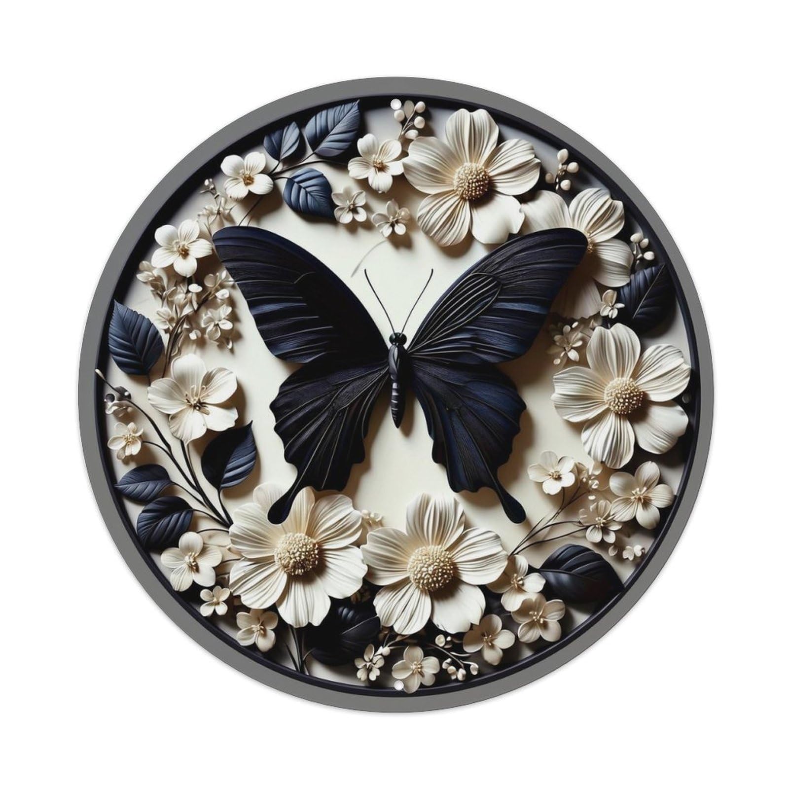 Black Butterfly White Floral Pattern Metal Tin Sign Plaque