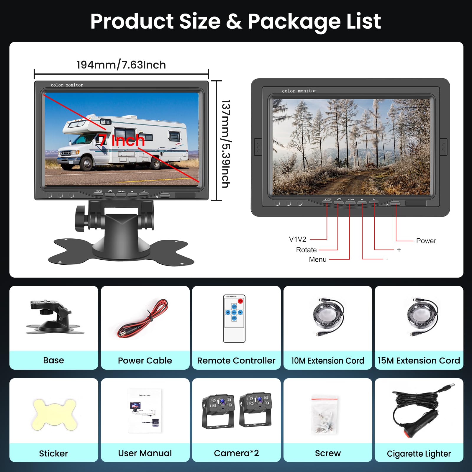 Telecamera Retromarcia HD 1080P 7 Pollici IPS Monitor 2 Camera Kit, Impermeabile IP68 IR Visione Notturna Telecamera di Retromarcia per Camion, Autobus, Furgoni, Camper, 10M cavo+15M cavo