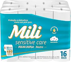 Papel Higiênico Mili Sensitive Care Folha Dupla - 16 Rolos de 30m - Supermacio, Neutro e Dermatologicamente Testado - Cuidado para Peles Sensíveis