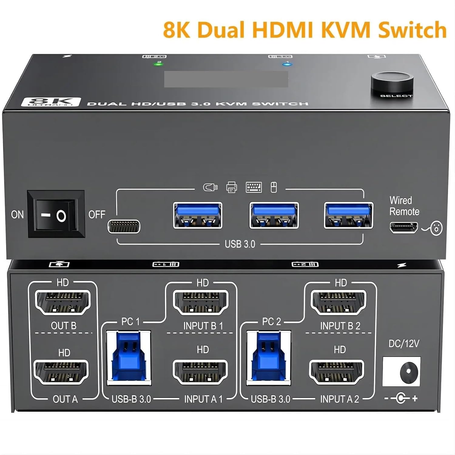Front and rear panel of the 8K HDMI KVM Switch