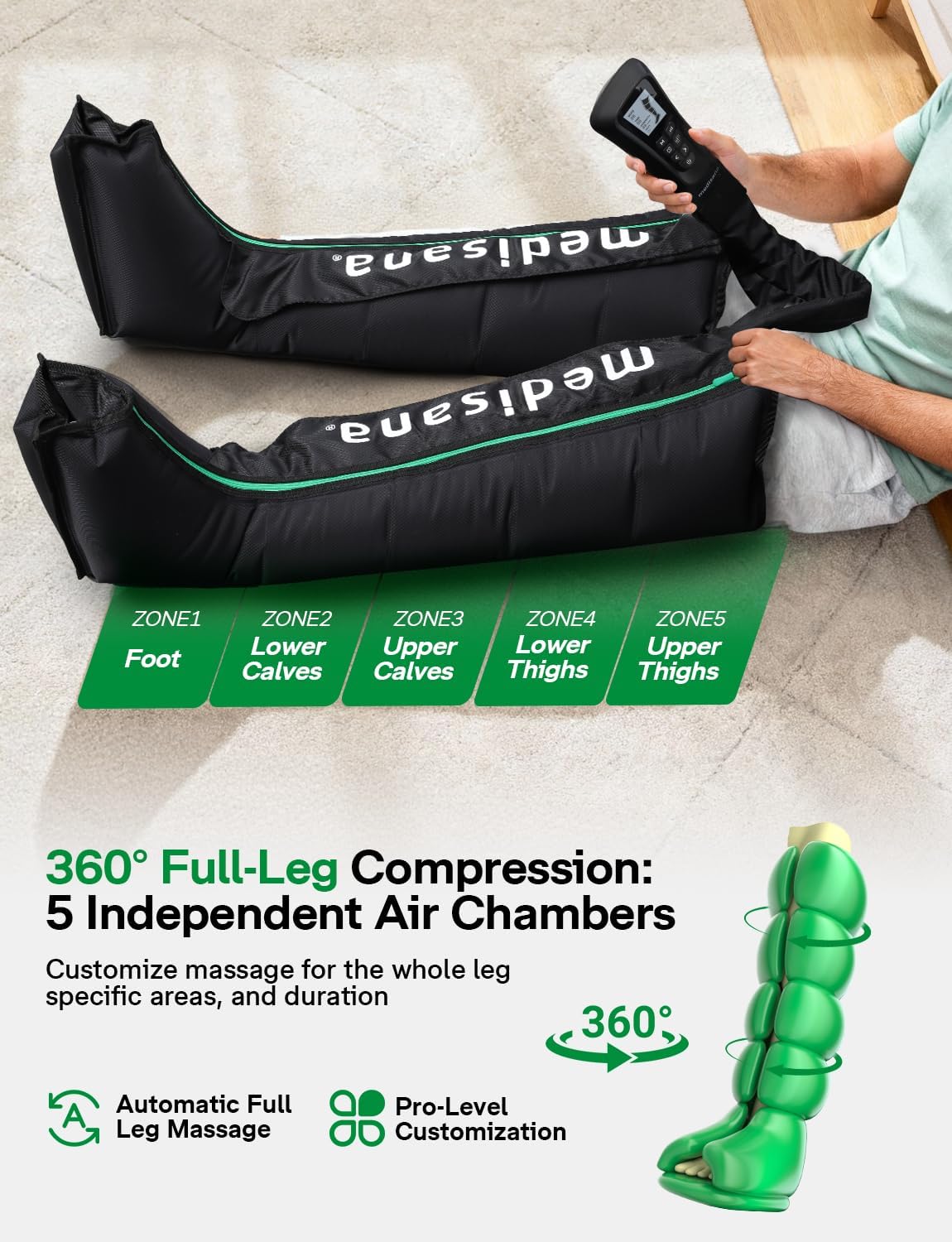 Medisana Leg Massager with Heat and Compression, Full Leg & Foot Massager Compression Boots with 6 Modes, 5 Intensity and 3 Heat for Circulation and Pain Relief - Gifts for Mom, Dad, Athletes, Gym - Image 2