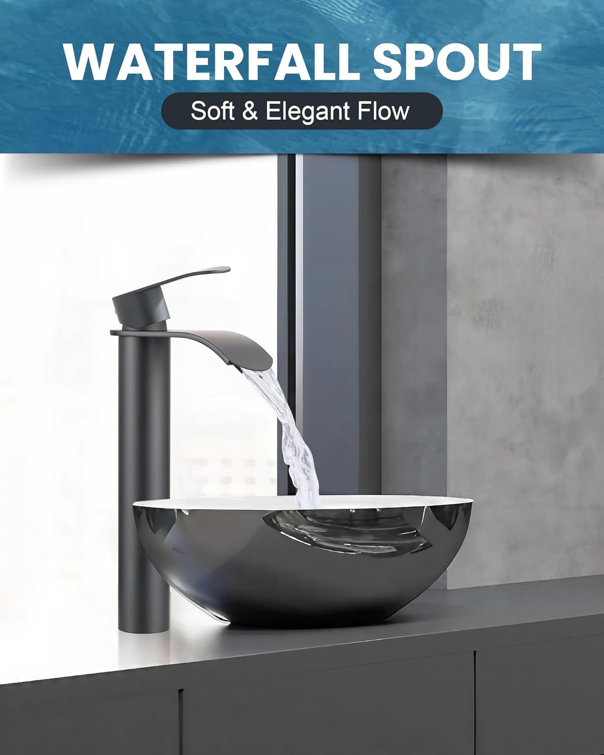 Vessel Sink Faucet Black for Bathroom：WOWOW Single Handle Tall Bathroom Faucet - Waterfall Single Hole Mixer Bar Tap with Large Rectangular Spout, Deck Mount Lavatory Vanity with Pop Up Drain