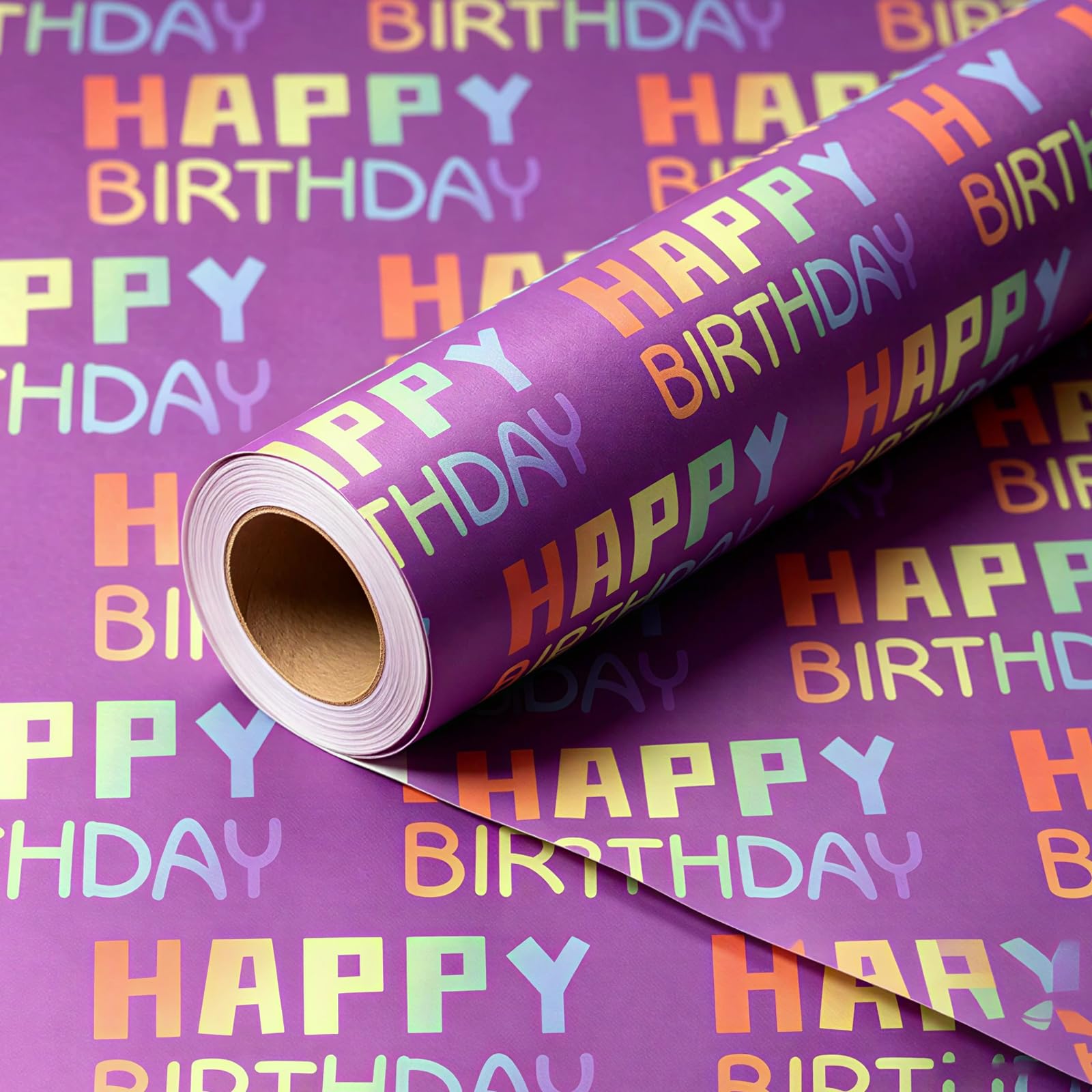 Birthday Gift Wrapping Paper, Purple Birthday Wrapping Paper Roll, 43cm × 5m, Happy Birthday Wrapping Paper for Women Men Girls Boys