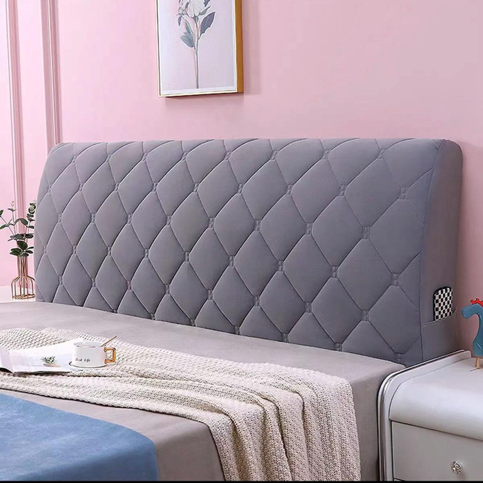 Wskcxhd Grey Headboard Slipcover Bed Headboard Cover Cushion Cover Quilted Cover Bed Backrest All-Inclusive Retrofit Household Universal,Gray,150Cm(59In)