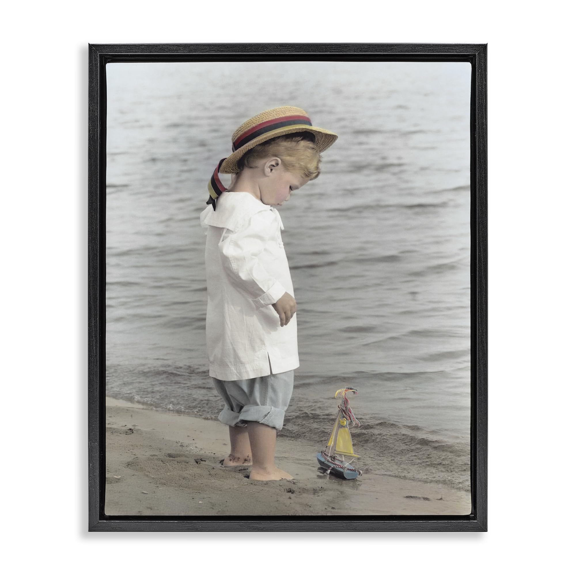 Stupell Industries Jet Black (Matte) 'Child On Beach Shore'| Floating Frame Canvas Art