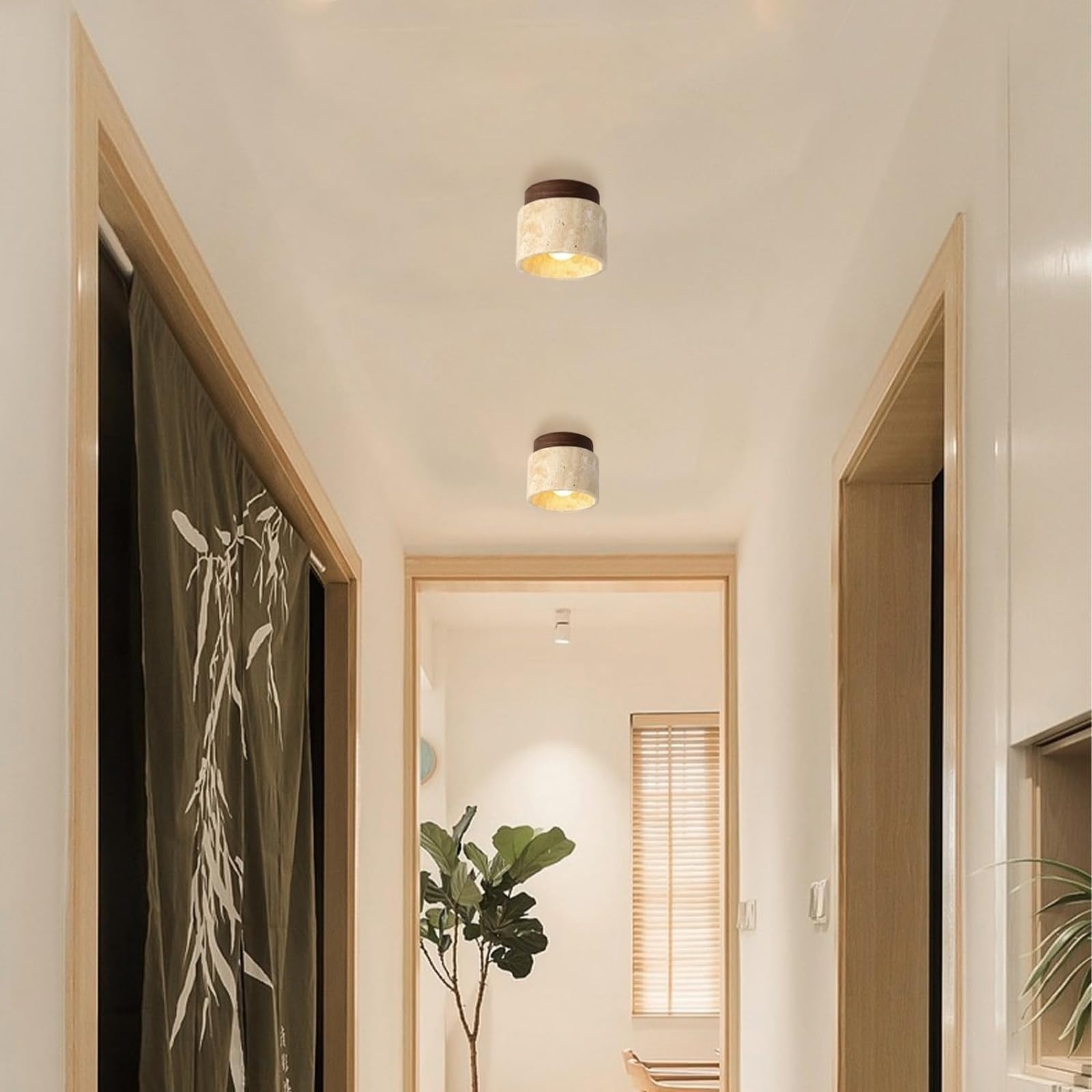 Plafón de Travertino Amarillo, Diseño Vintage, Lámpara de Techo Creativa para Dormitorio, Montaje Semi-Empotrado, Base de Madera, Mini Lámpara de Techo para Casa de Campo y Pasillo (Black)
