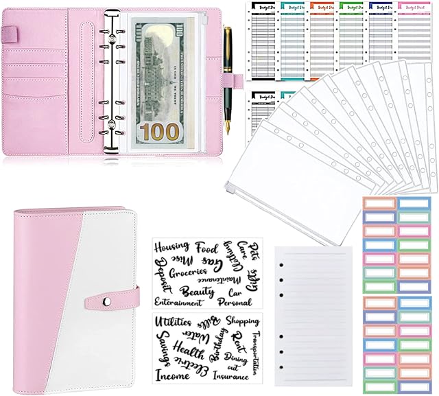 A6 Budget Binder Set, PU Leather Ring Binder with Transparent Zipper Budget Cash Envelope for Diary and Travel, Wallet Budget and Money Saving Envelope (Pink+White)