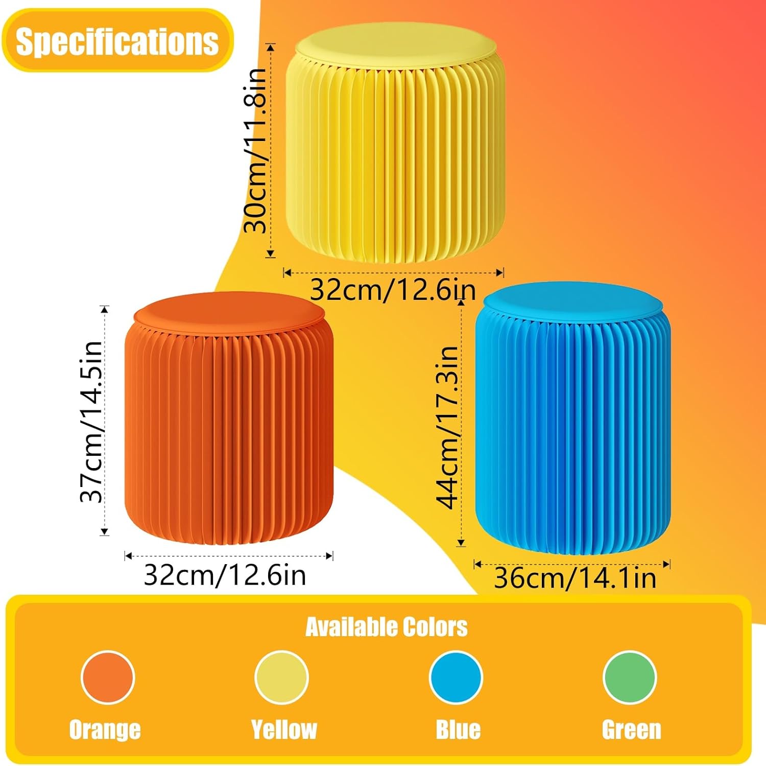 Accordion Folding Paper Stool, Collapsible Stool with Cushions, Eco-Friendly Kraft Honeycomb Design, Cardboard Stool for Fitting Room, Exhibition Halls, Office, Easy Assembly(Yellow,32x30cm)