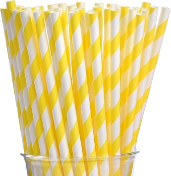 ALINK 100 Yellow Stripes Paper Straws, Biodegradable Disposable Drinking Straws for Christmas, Brithday, New Year, Party Decoration Supplies