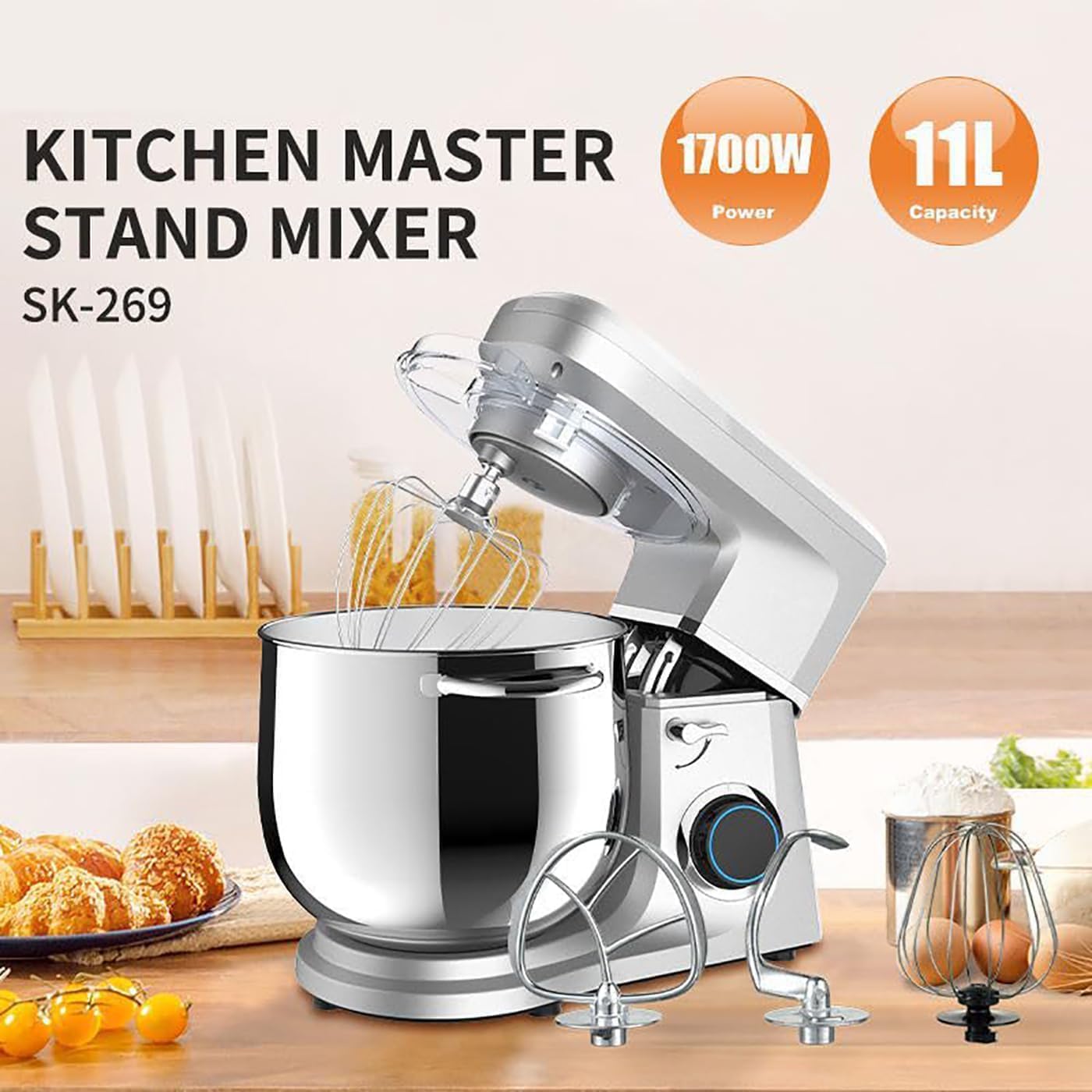 Miscelatore con base resistente, capacità 1700 W, capacità 11 l, miscelazione a 6 velocità con 3 attacchi e base antiscivolo per panettieri e appassionati di cucina