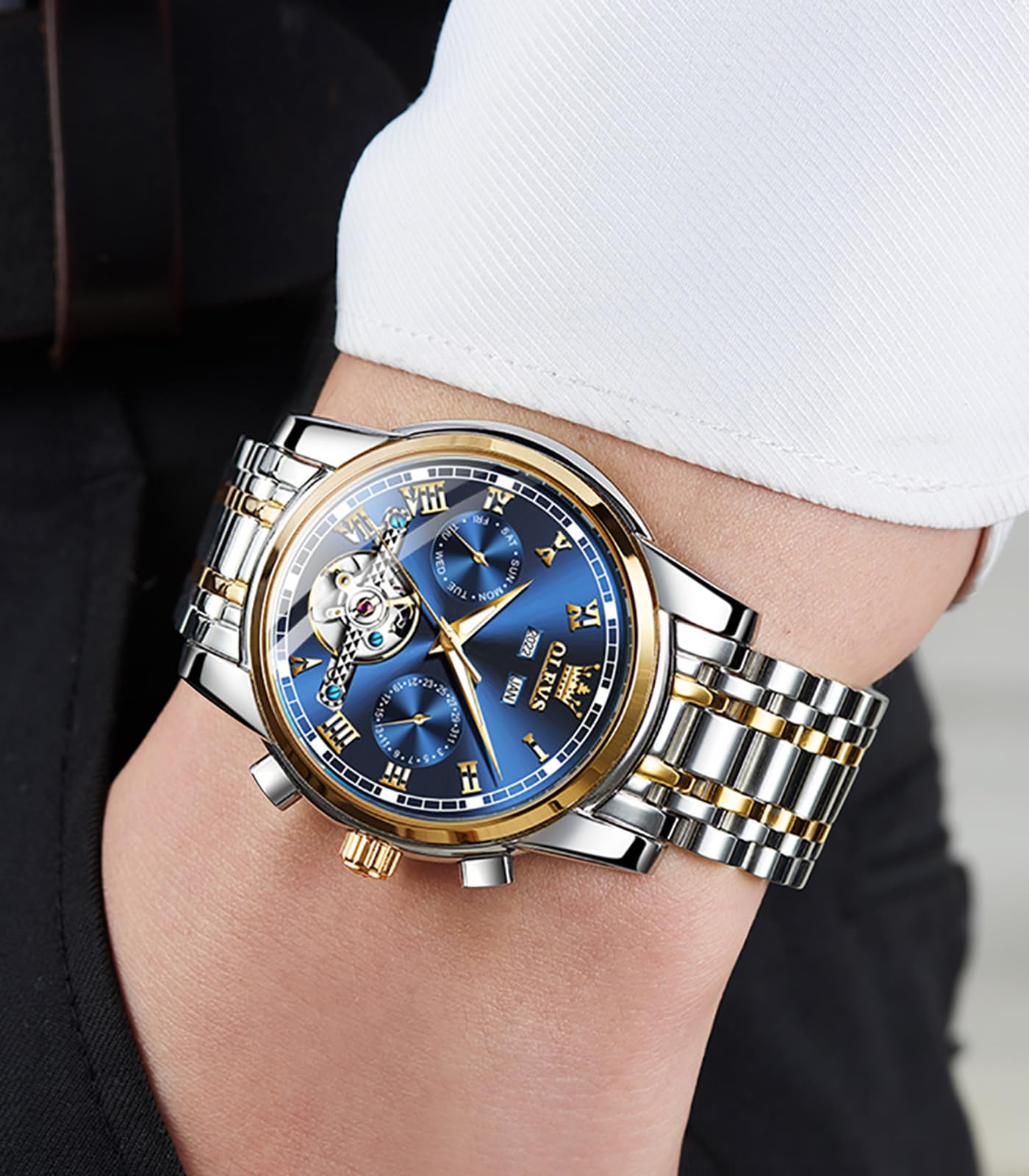OLEVS Automatische selbstaufziehende Skelett-Armbanduhr für Herren, luxuriöser Edelstahl mit Datum,wasserdicht, Mode, Mechanische Uhren Wasserdicht für Herren