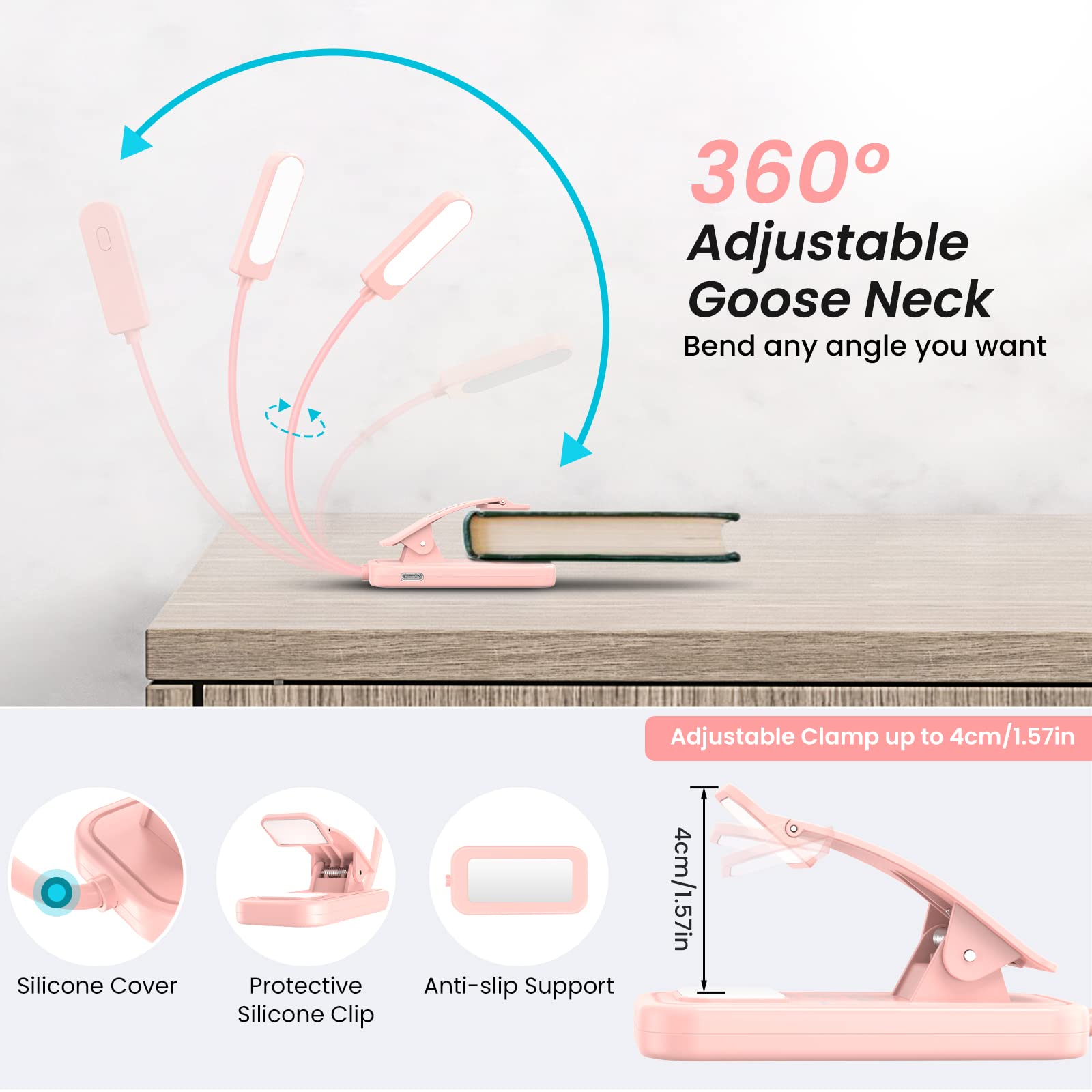 GARITE Luce da Lettura, Lampada da Lettura Ricaricabile USB con 10 LED 3 Modalità Dimmerabile Clip per la Cura Degli Occhi per E-Reader, Studio, Letto, Viaggi, Tablet