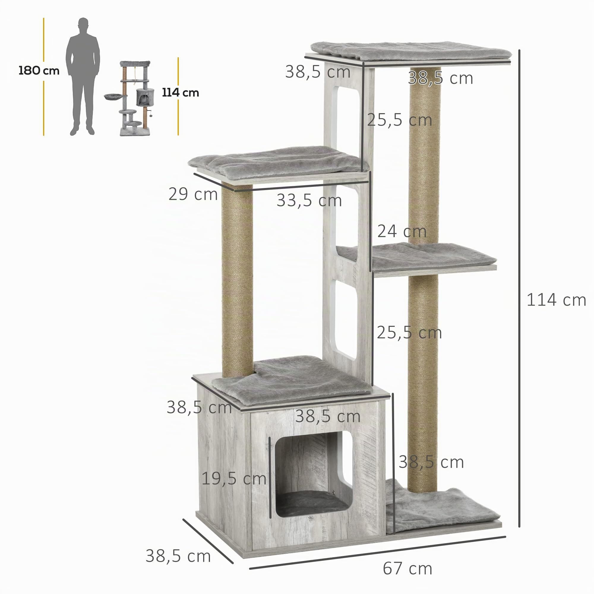PawHut Árbol Rascador para Gatos con Cueva de Madera 67x38,5x114 cm Gris | Torre de Escalada de Gatos, Múltiples Plataformas, Postes de Rascar de Yute, Juego y Descanso