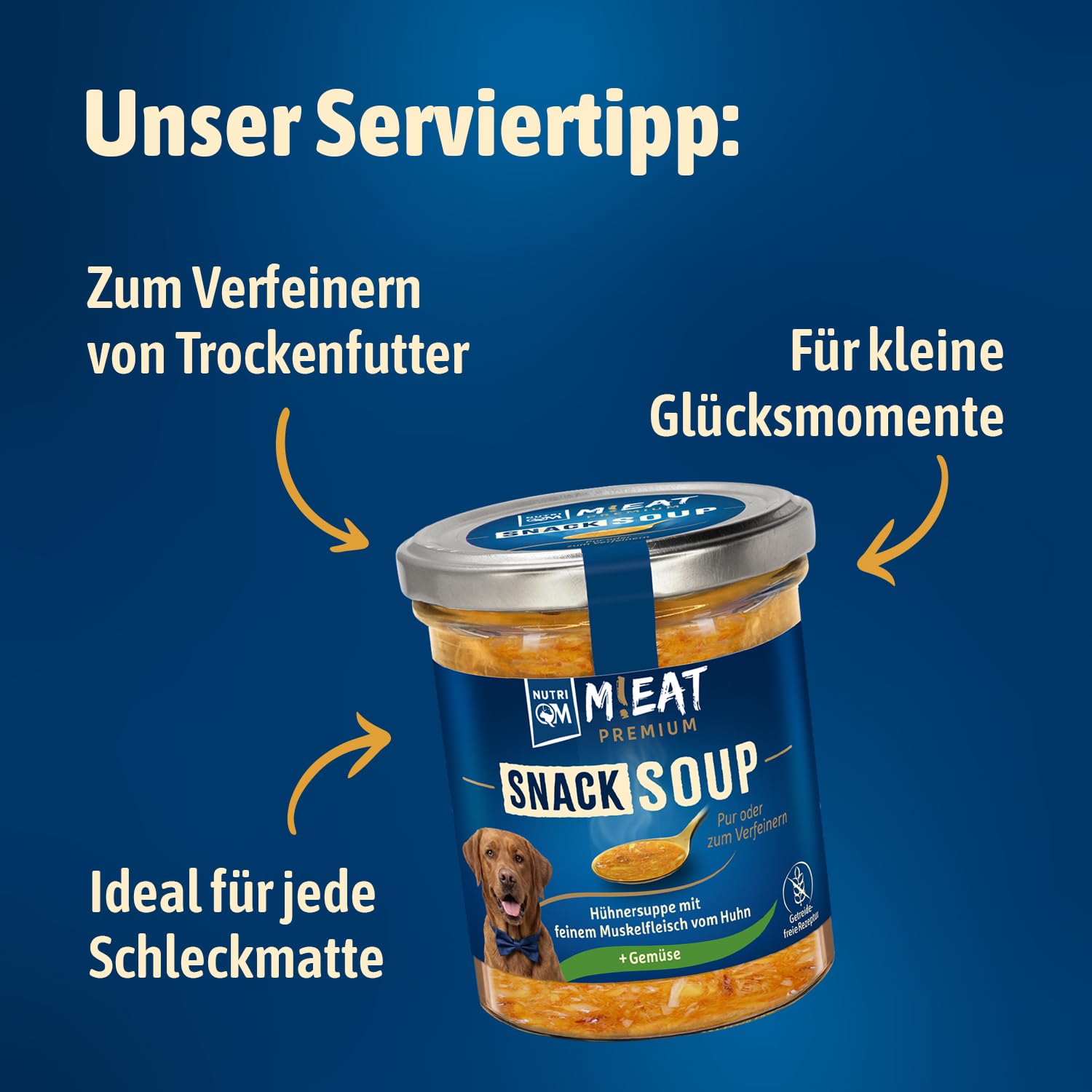 NutriQM® M!EAT Snack Soup - Hunde Suppe mit Hühnerfilet & Gemüse - 6 x 280g - Hundefutter Topping - Getreidefreier Flüssig Snack - Ideal als EIS, Schlecksnack & Warme Suppe - Made in Germany