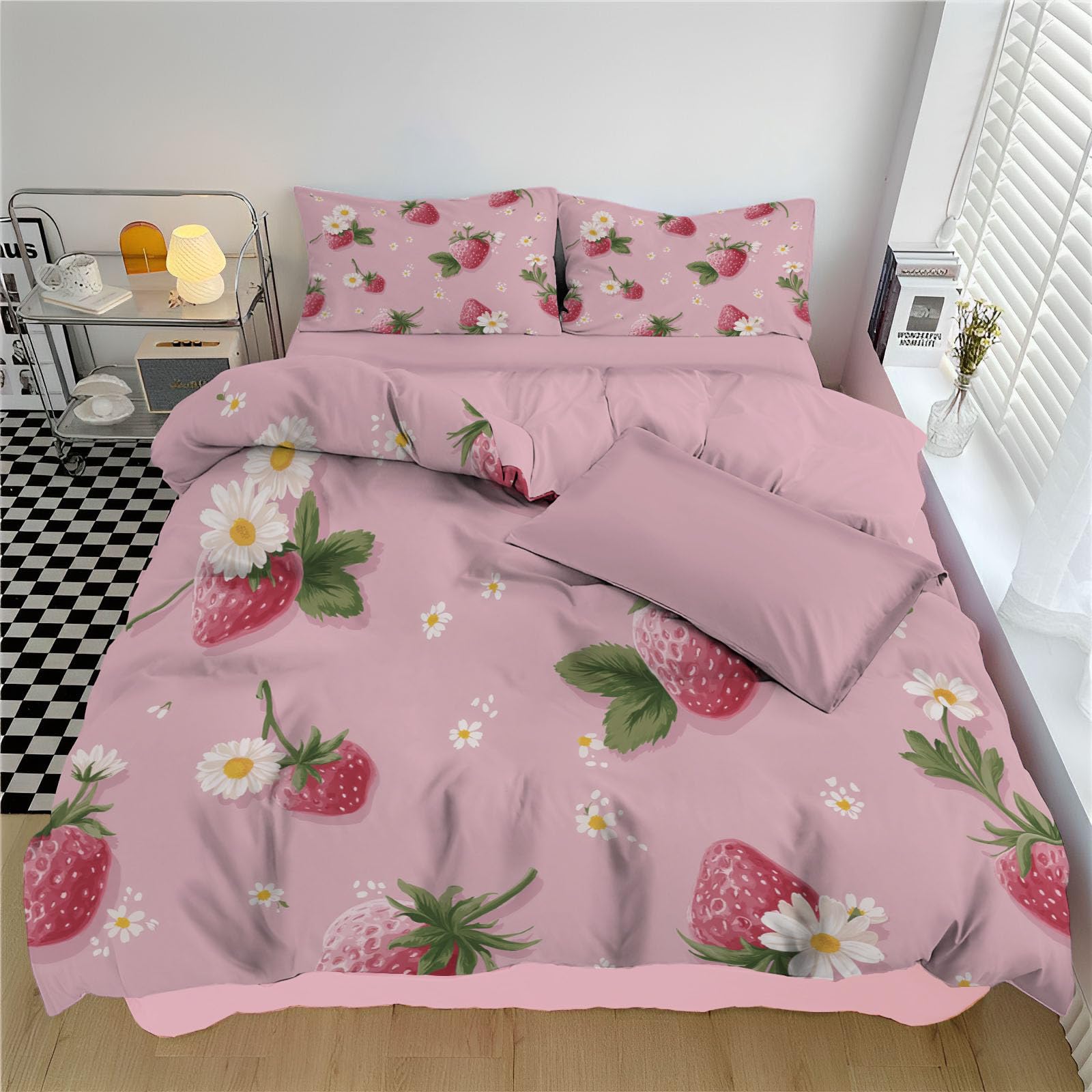 Housse de couette enfant 140x200 fraise fleur pour de tendres nuits étoilées
