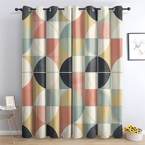 Miniatura 15 de Cortinas modernas de mediados de siglo, cortinas opacas circulares abstractas retro para dormitorio, cortinas geométricas para ventana, cortinas